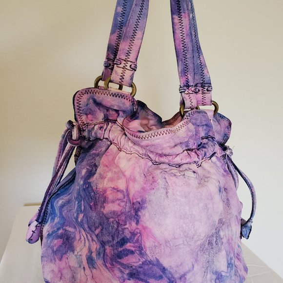 Leather tie dyed Lucky Brand Boho bucket Purse Hobo Bag pink purple blue painted - Picture 2 of 6